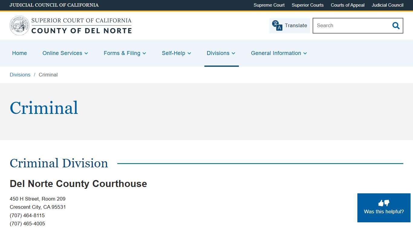 Criminal Superior Court of California County of Del Norte
